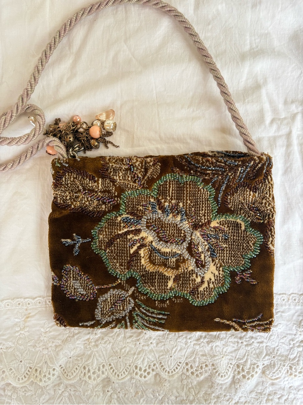 Embroidered Brown Velvet Floral Beaded Evening Bag